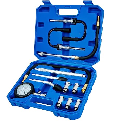 SIXIWANZI Engine Compression Tester, 13pc Automotive Kit 300 PSI Plug Gauge | 13pc M10-M18 dual scale PSI Bar, 3" gauge 14"hose, quick connect 2 cone 4 brass, spark tester included