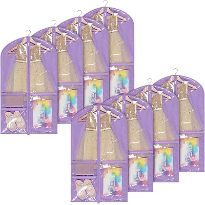 Univivi Kids Garment Bags for Dance Costumes With Full Zipper, Garment Bags for Hanging Clothes With 3 Medium Clear Zipper Pockets for Dance Costume Storage Purple - 8 Pack