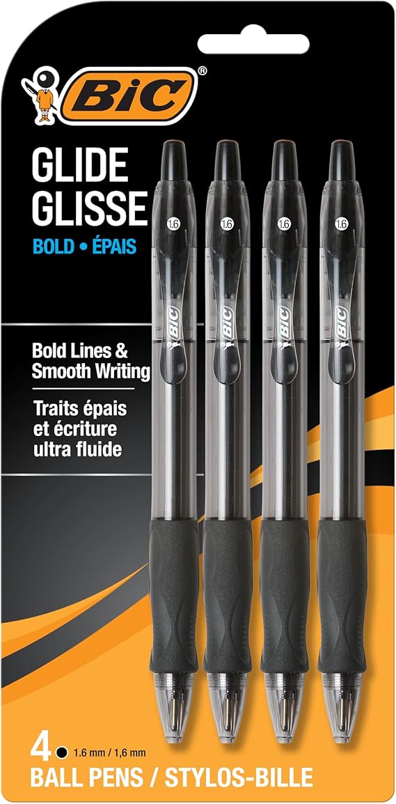 BIC Glide Bold Black Ballpoint Pens, Bold Point, 1.6mm, 4-Count Pack | Retractable Design, Comfortable Full Grip, Ultra-Smooth Ink, Reliable for Everyday Use, Ideal for Office or School Supplies