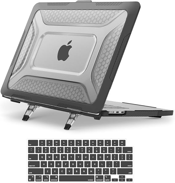 MOSISO Compatible with MacBook Air 15 inch Case M5 M4 M3 M2, Black | 2 in 1 Kit Honeycomb Shockproof Heavy Duty TPU Bumper Hard Case with Fold Kickstand for A3241 A3114 A2941 2026-2023