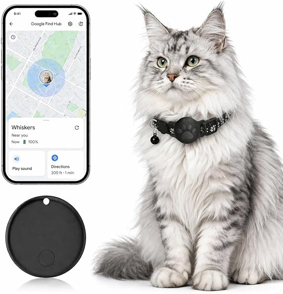 Pet Tracker,GPS Collar for Cats (Android Only) Smart tag,Waterproof Compatible with Google Find My,No Monthly Fee,Advanced Tracking Solution Smart Collar for Pet Safety Ideal Small Large Cats (Black)