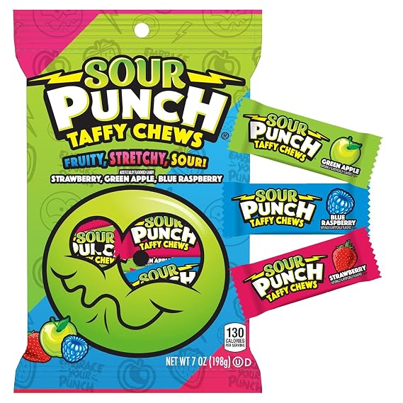 Sour Punch Taffy Candy Chews - 7 oz Bag (Pack of 1) - (Strawberry, Blue Raspberry, Green Apple) - Individually Wrapped Chewy Candy - Fun Sour Chewy Candy Snacks for Kids, Office, Gatherings & Parties