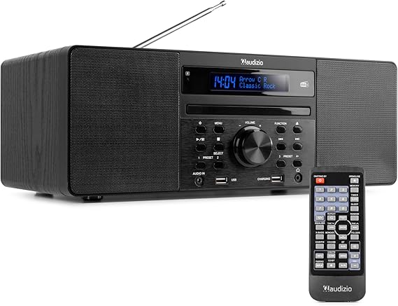 Audizio Prato DAB Radio with CD Player MP3 Player and Bluetooth USB FM FM Remote Control Display Dimmer Function Sleep Timer Radio Alarm Clock Stereo Speaker 60 Watt Black