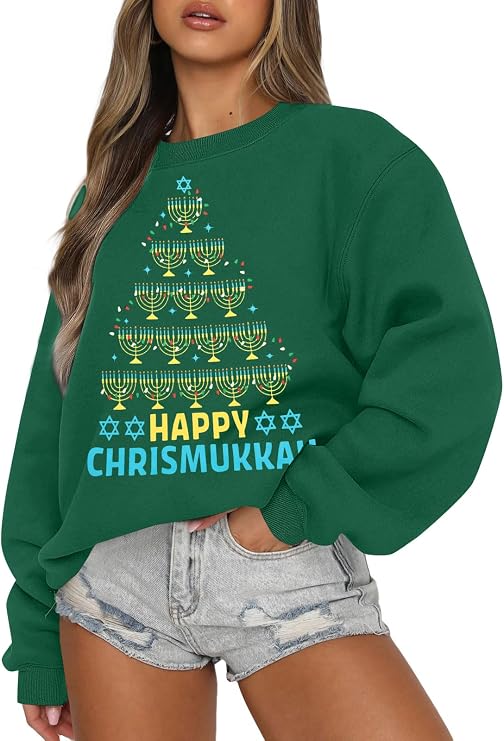 MNLYBABY Hanukkah Sweatshirt Women Chanukah Sweatshirts Menorah Pullover Oversized Christmas Holiday Sweater