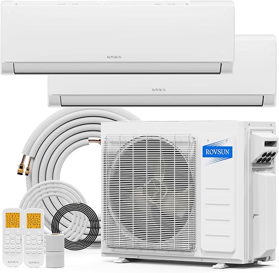 ROVSUN 20000 BTU Dual Zone Mini Split AC/Heating System, 23 SEER2 2 Zone 9000 + 9000 BTU Ductless Split Air Conditioner with Pre-Charged Condenser, Heat Pump & 25Ft Copper Line Set, 208-230V