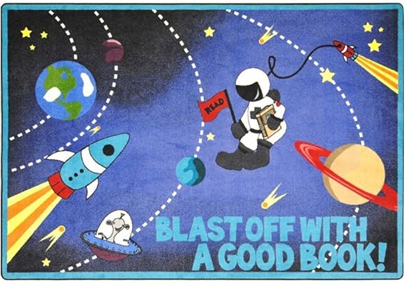 Joy Carpets Kid Essentials Language & Literacy Blast Off with A Good Book Rug, Multicolored, 7'8" x 10'9"