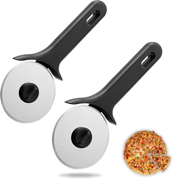TJ POP Pizza Cutter 2 Pcs, Stainless Steel Pizza Cutter Wheel, Super Sharp Pizza Slicer, Easy to Cut & Clean, Dishwasher Safe Pizza Wheel-Black