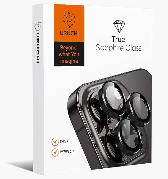 URUCHI Kamera Lens Koruyucu, Safir Cam, Alüminyum Alaşım Çerçeve, Kolay Kurulum, HD Kalite, Güçlü Yapışma, Çubuk Sökme Aparatlı (Siyah, IP 13 Pro / 13 Pro Max)