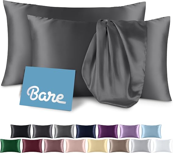 Bare Home Satin Pillowcases for Hair and Skin - 2 Pack Queen (20x30) - Luxury Pillowcases - Envelope Enclosure - Soft and Smooth Satin - Breathable - Similar to Silk (Grey, 2 Pack)