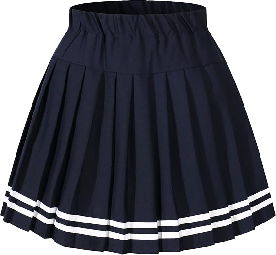 Women`s Navy Blue Sailor Skirt Elasticated Pleated Skirt(XL, Blue White Stripes)