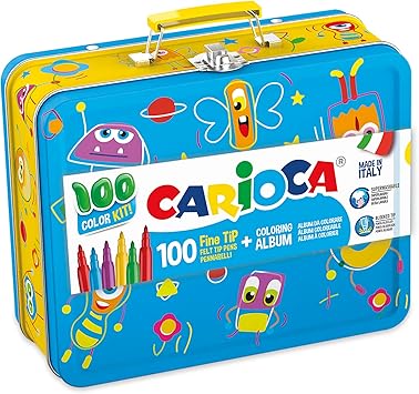 CARIOCA Marker Set in Metallic Box 100 Super Washable Markers for Kids, Random Case Color (Blue, Red, or Yellow), Water-Based Ink, Includes Coloring Book, Art & School Supplies, Made in Italy