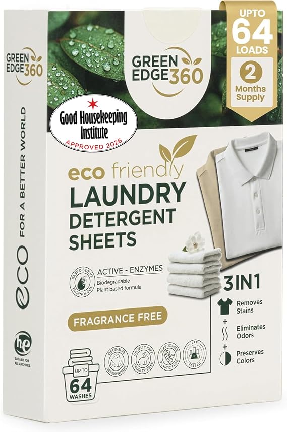 Laundry Detergent Sheets Eco-Friendly, Plant-Based Natural Washing Detergent for Up to 64 Loads Travel Friendly, Hot and Cold Washes (64 Sheets (1 Pack), Fragrance Free)