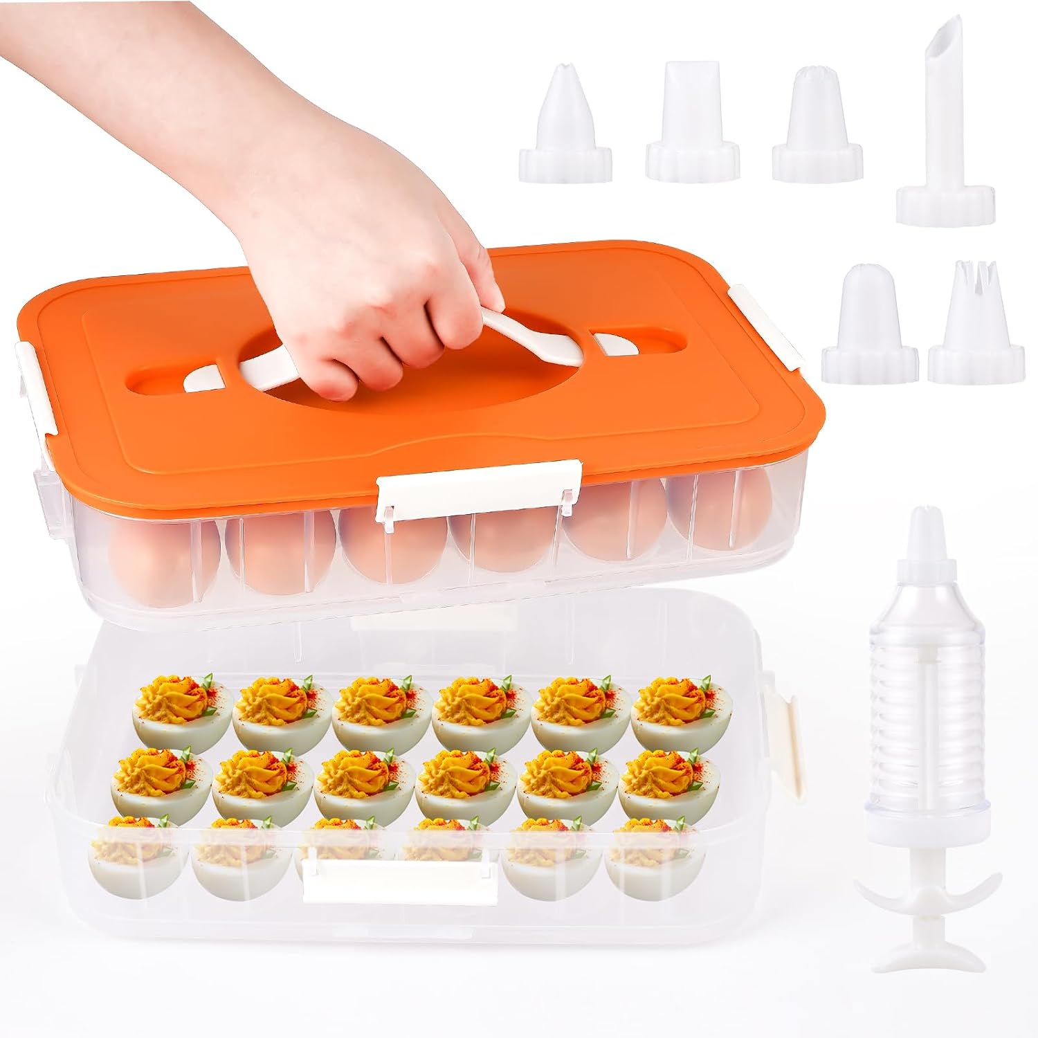 2-Layer Deviled Egg Containers with Lid, 36 Slots Deviled Egg Tray Carrier with Handle and Deviled Egg Injector Piping Tool, Portable Egg Storage Carrier Tray Platter for Party Picnic Travel (green)