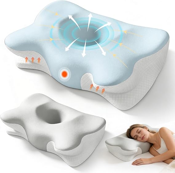 Memory Foam Pillow, Ergonomic Orthopedic Pillow for Neck and Shoulder, Neck Support Pillow for Back, Side, Stomach Sleepers ,Cooling Cervical Pillow with 2 Removable Cover, Two Adjustable Height
