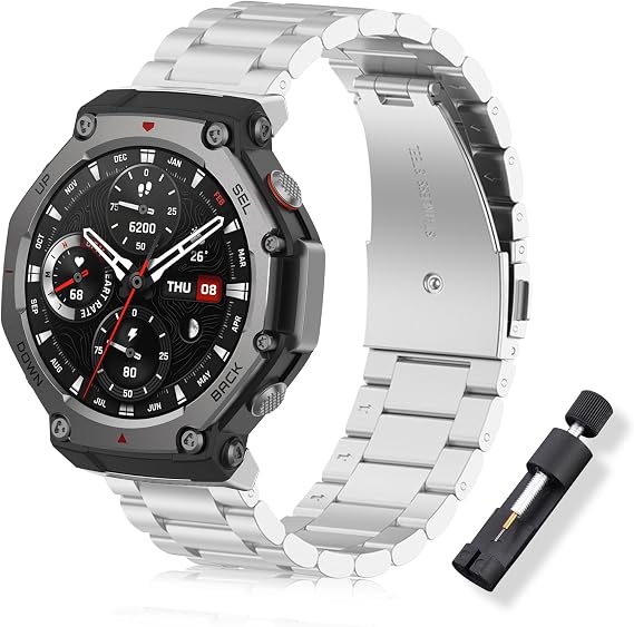 Amazfit T Rex 3用メタルバンド スマートウォッチ ソリッドステンレススチールリストバンド クイックリリースストラップ 調節可能 ビジネススタイル 交換用バンド Amazfit T-Rex 3用バンド 腕時計ストラップ
