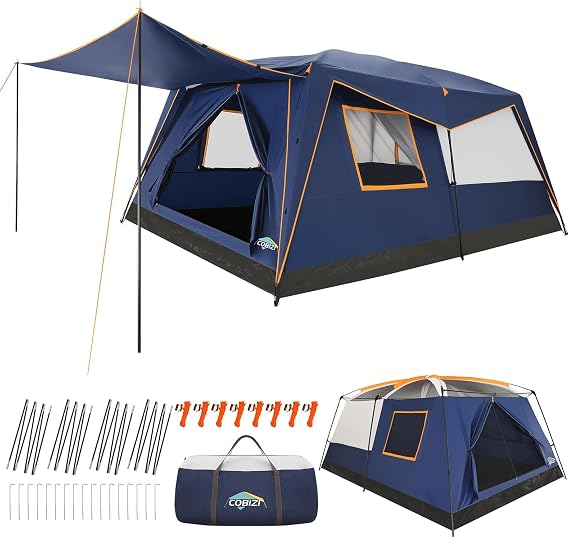 COBIZI 10 Person Camping Tent, Rainfly, Waterproof & Windproof, Deep Blue