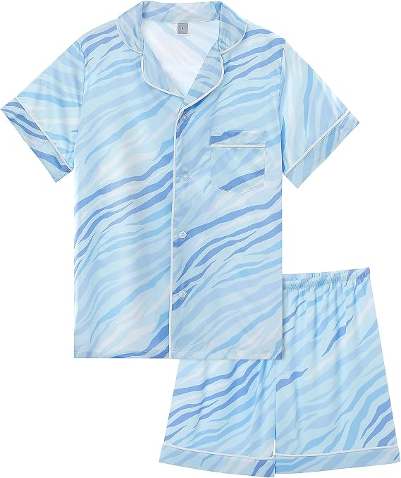 KAKU NANU Girls Satin Pyjamas Set 5-14 Years - 2 Piece Short Sleeve Button Down Summer Nightwear - Soft Breathable Kids Sleepwear (Available in 5 Assorted Prints)