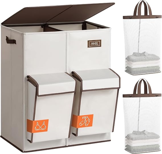 SOLEDI 180L Double Laundry Basket with Lid and 2 Front Pockets for Sorting