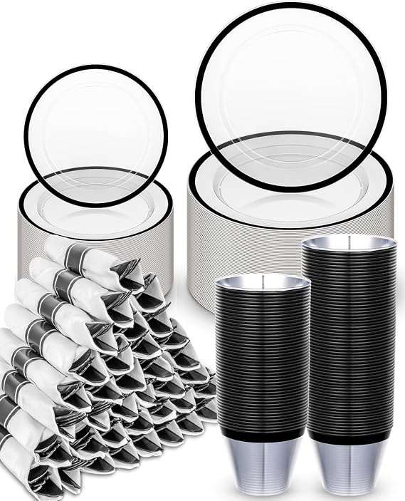 BESTVIP 350 Pcs Clear Black Plastic Dinnerware Set for 50 Guests | 100 Plastic Plates, 50 Cups, 50 Pre-Rolled Napkins with Cutlery for Graduation, Wedding & Halloween