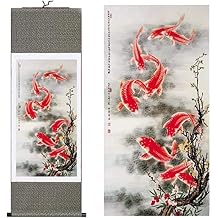 VoOqo chinese scroll hanging painting,scroll painting, Chinese style silk Chinese painting fish Home Decorating calligraphy scroll hanging kind gift(H55 x W18 Wallet) 55192