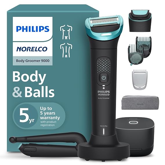 Philips Norelco Body Groomer 9000, Body & Balls, Dual Head Trimmer & Shaver | Skin-Friendly Dual Head Trim & Shave, UV Sanitizer Cube, 11 Trimming Lengths, 120-Min Runtime, Showerproof, BG9480/50