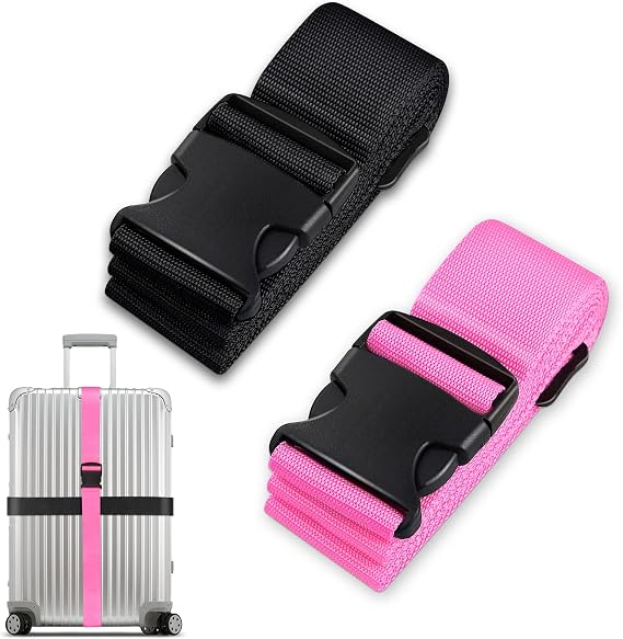 Luggage Suitcase Straps Set, Travel Accessories Thickened Luggage Belt with Quick Release Buckle, Adjustable Black Travel Luggage Straps for Suitcase Baggage (Black+Pink, 2 PCS Set)