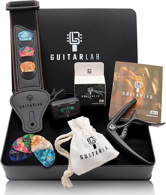 Guitar Lab Guitar Accessories Kit - Strap, Capo, Tuner & Picks Gift Set | For electric, acoustic & bass players; beginner starter pack in a premium metal tin; a gift for guitarists