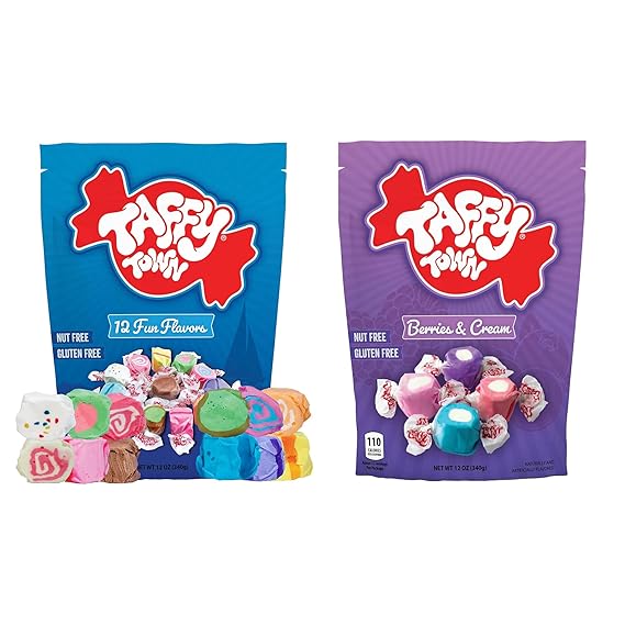 Taffy Town Salt Water Taffy - Assorted & Berries and Creme Bundle, 12 oz each, Total 24 oz