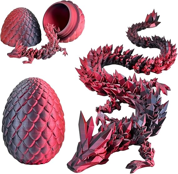 3D Printed Dragon in Egg, 3D Printed Dragon Large, 30cm Oscillatory Joint Dragon Fun Stress-Reliever Decoration Office Desk Birthday Gifts Car Interior Decoration（Laser Black Red）