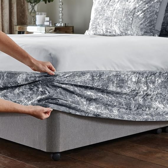 Crushed Velvet Bed Base Wrap Valance – Luxury Elasticated Fitted Divan Sheet Cover – Soft Silver Grey Frame Wrap for Single, Double, King & Super King Size Beds (Double)