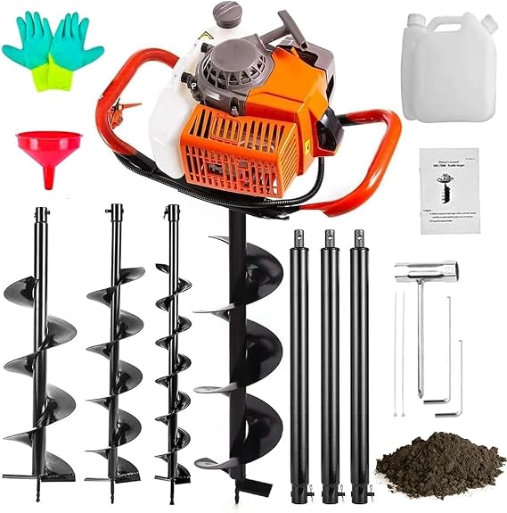 Gas Powered 62CC Post Hole Digger for Fence and Planting with 3 Extention (24" 24" & 24") and 3 Earth Auger Drill Bits (3" 5" & 8" )