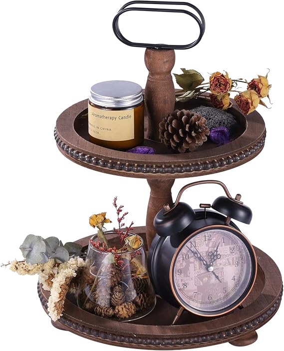 Urban Deco Wooden Decorative Tray Two Tiered Tray Decorations Round Serving Tray with Metal Handle, Wooden Cupcake Stand for Party Tiered Dessert Stand - Dark Brown Farmhouse Wood Tray
