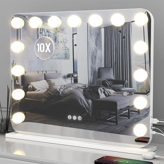 Vanity Mirror with Lights, 23"18" Hollywood Vanity Mirror with Lights 15 Dimmable LED Bulbs, 3 Color Modes, 10X Magnification, USB Charging Port, Tabletop or Wall-Mounted (White, 23 * 18)