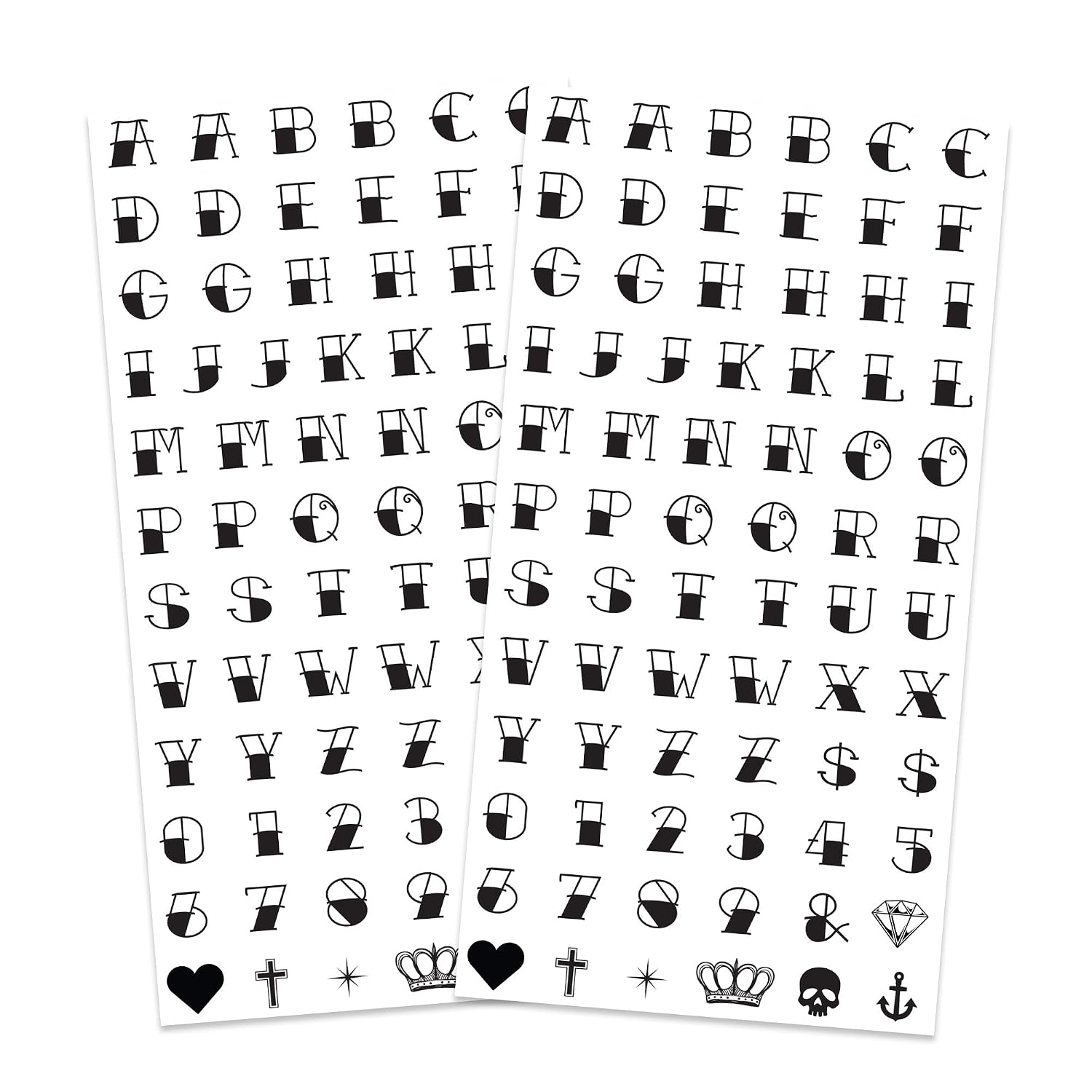 Fashiontats Traditional Knuckle Letters Temporary Tattoos 2-Pack| Sailor Jerry Alphabet Numbers & Symbols | Skin Safe | MADE IN THE USA | Removable