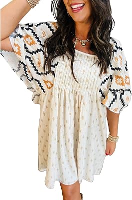SELINK Womens A-Line Summer Flowy Pleated Casual Dresses Short Sleeve Square Neck Western Aztec