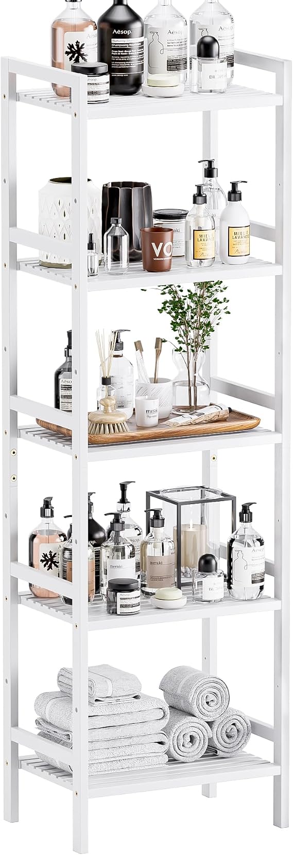 HITNET White Bamboo Bookshelf, Tall Narrow Bookcase 5-Tier Freestanding Bathroom Storage Shelf, Space Saving Plant Display Stand with Adjustable Shelves