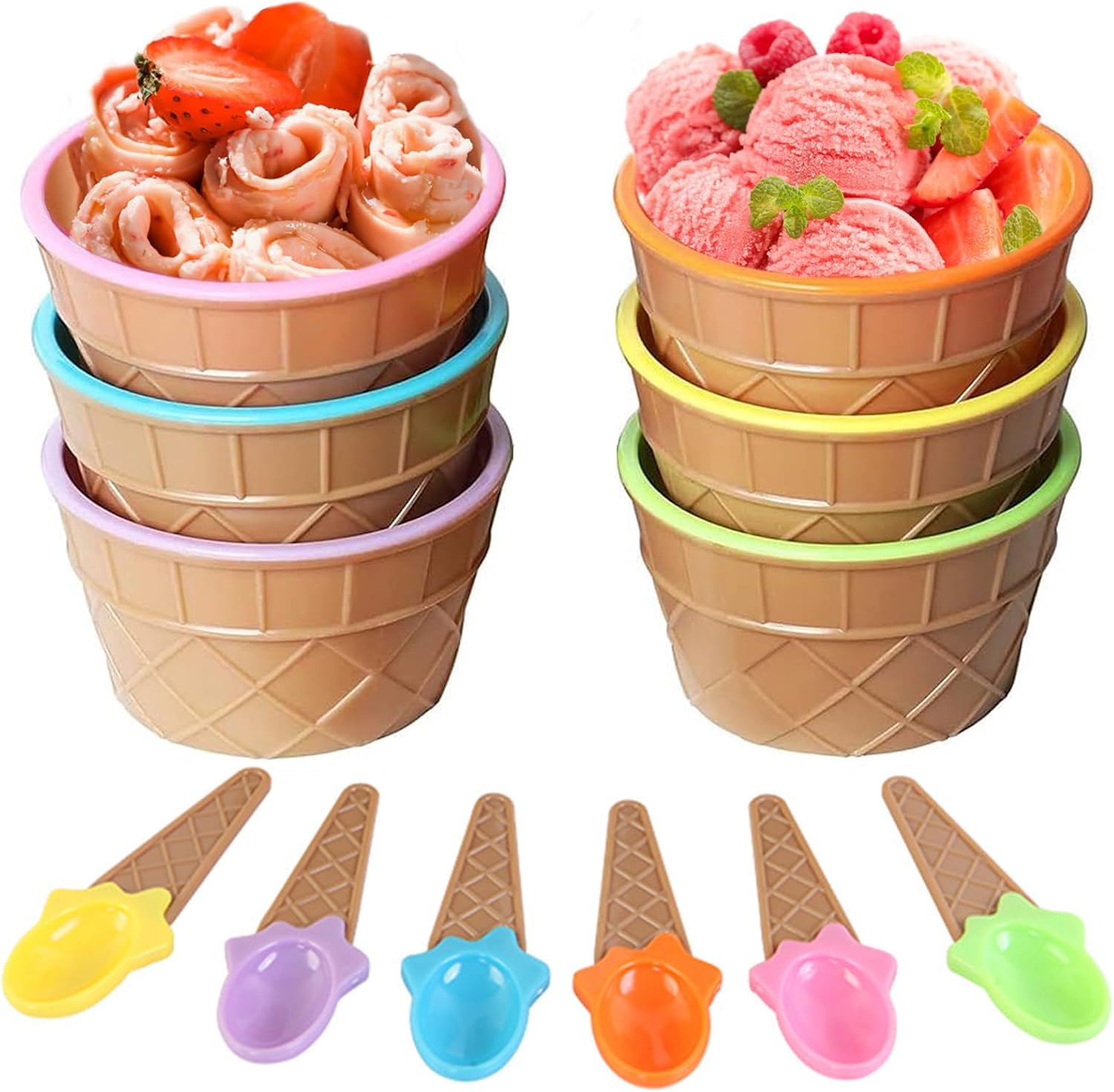 6 Pcs Ice Cream Bowls with Spoon, Suitable for Food, Fruit, Ice Cream, Holiday Matching Birthday Party Gifts for ChildrenOne for Each Color