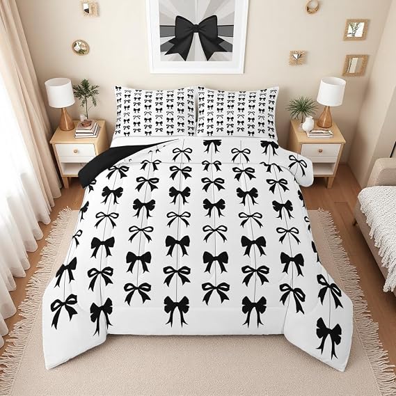 Erosebridal Black Bow Twin Comforter Set for Girls | Coquette Bow Tie Bedding Sets for Kids Women, Black and White Ribbon Bows Bed Set, Cute Preppy Bowknot Room Decor, 1 Pillowcase