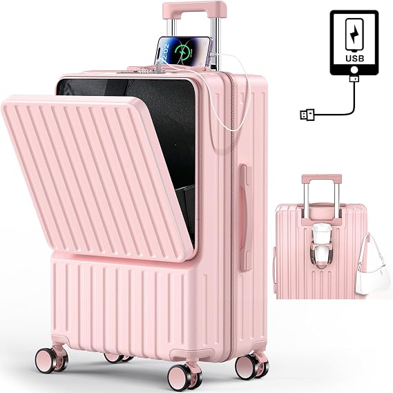 BARGOHOY Suitcase, Front Opening, Multifunctional, Carry Case, Lightweight, Cup Holder Included, Hidden Hook Function, Carry Bag with USB Port, Shockproof, Silent, 360 Degree Rotation, TSA Lock