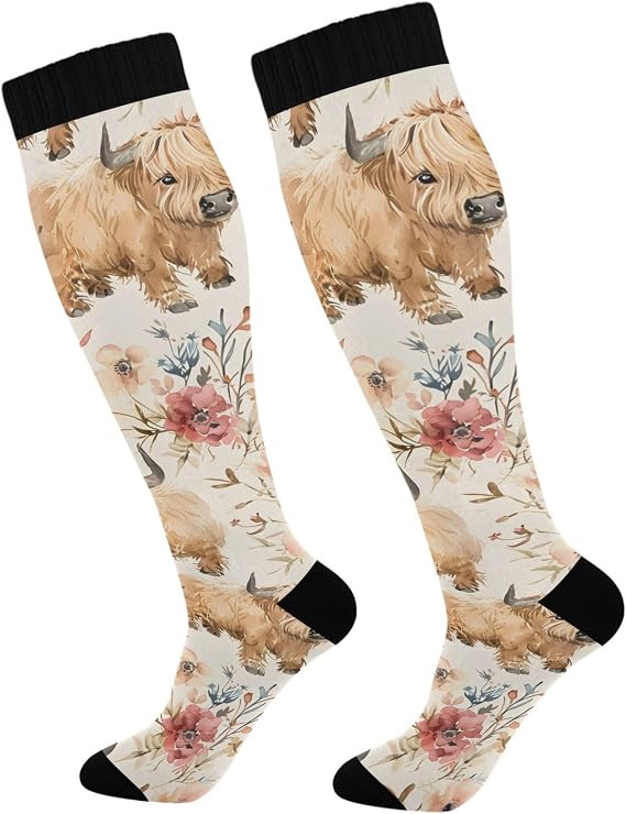 Cute Highland Cows Flowers Compression Socks for Women Support Circulation
