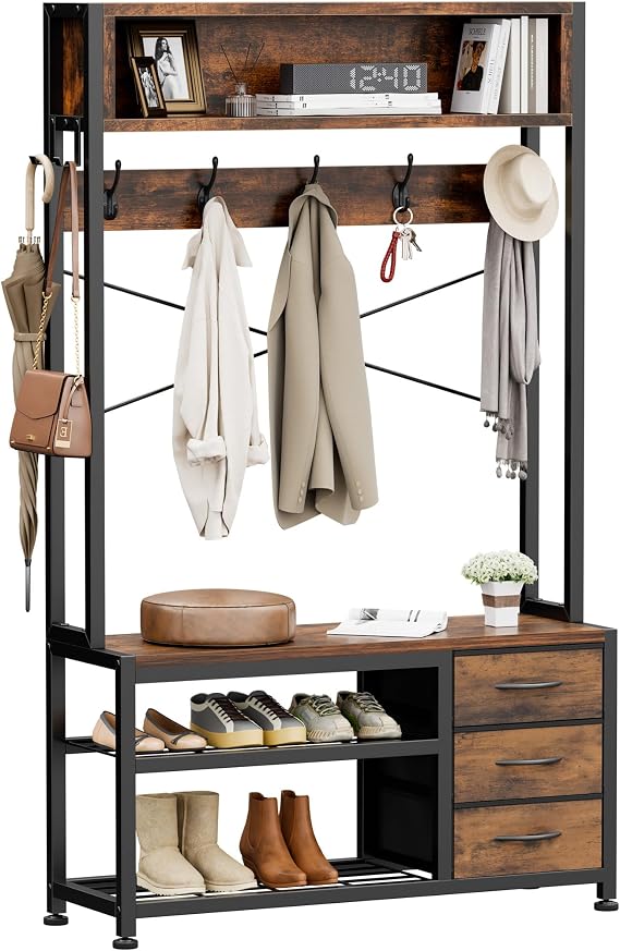 Lulive Hall Tree with Bench and Shoe Storage, 31.5" Coat Rack Freestanding with 2-Tier Storage Shelf, 6-in-1 Entryway Bench Coat Rack with 12 Hooks and 3 Drawers(Rustic Brown)