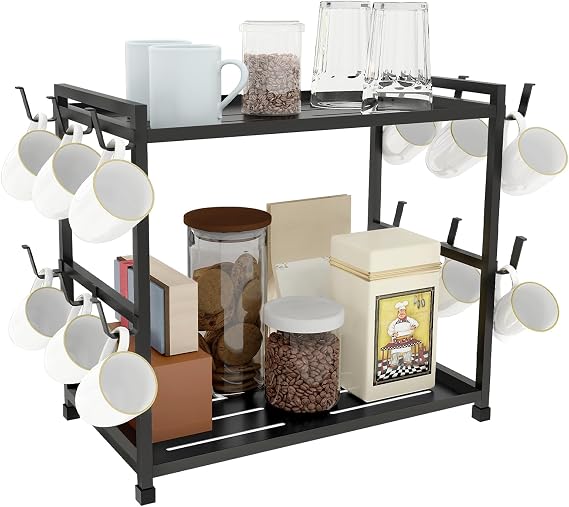 Bethom Coffee Cup Holder Kitchen 12 Hooks Kitchen Storage Rack 2 Tier Coffee Station Organizer Metal Mug Stand Mug Holders for Kitchen Tea Coffee Bar, Black