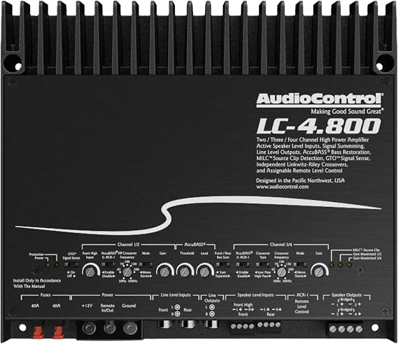 AudioControl LC-4.800 High-Power 2/3/4-Channel 800W Class D Car Audio Amplifier with AccuBASS, High Fidelity, Line-Level RCA & Speaker Level Inputs, High & Low Pass Crossovers, Subsonic Filter