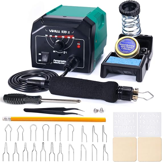 YIHUA 939 II Wood Burning Pyrography Station, with Adjustable 392~1382F (200~750C), Intelligent Working Indicator. Wood Burning Kit with a Complete Tips Set to Launch Your Creativity. (Green Finish)