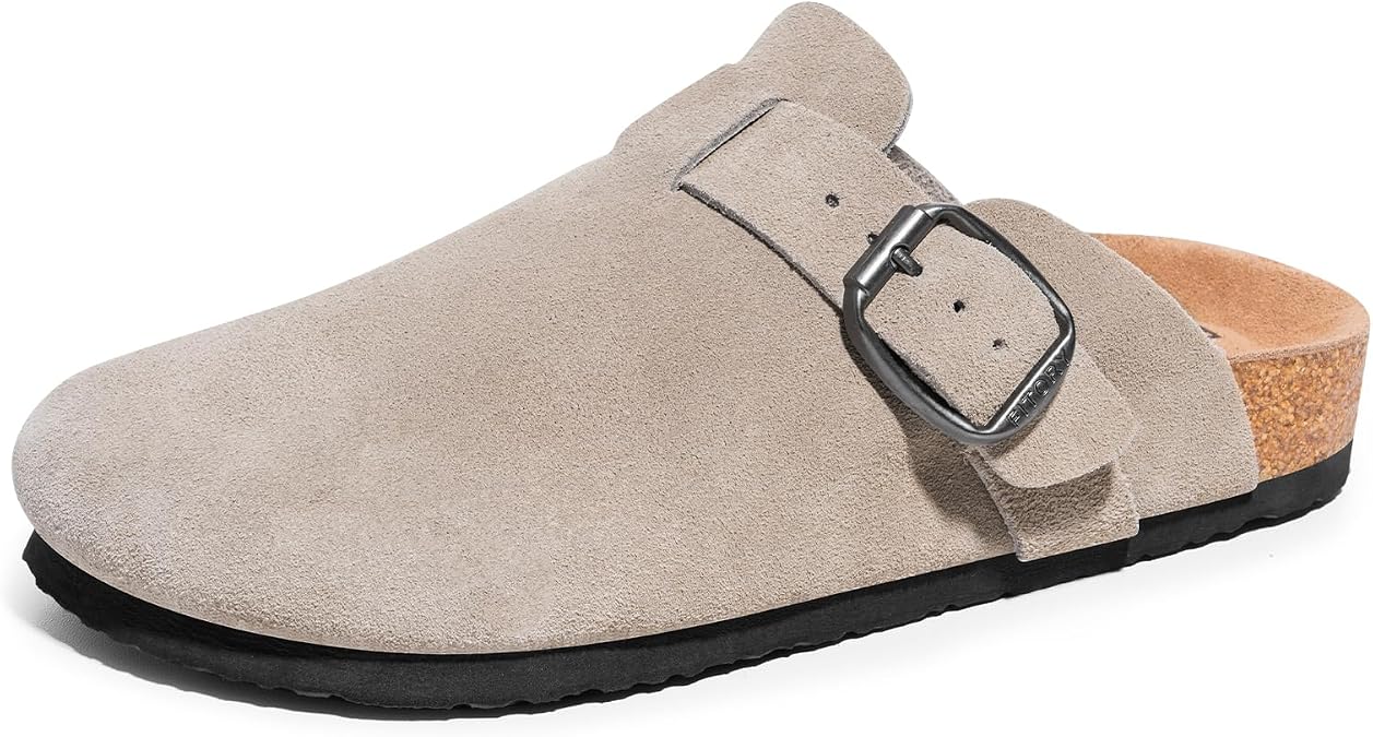 FITORY Mens Suede Clogs with Arch Support Leather Cork Footed Mules | Comfortable Slip On Adjustable Buckles Genuine Leather Upper Non-Slip Outsole Casual for Outdoor