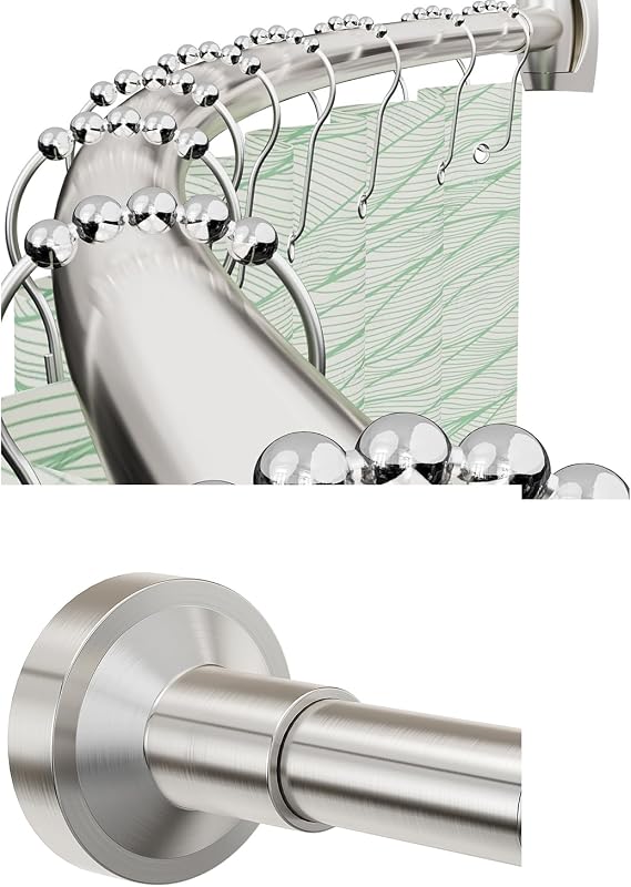 Bonpally Set of Curved Shower Curtain Rod(Brush Nickel,43-72 inches) and Adjustable Tension Shower Rod(Brush Nickel,32-75 inches)