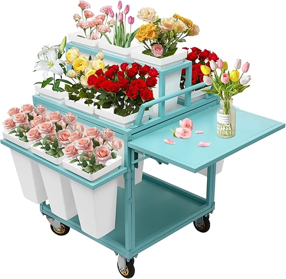 Flower Display Stand with Wheels,6 Layers Plant Display Stand With 18PCS Buckets Flower Cart, Moving Florist Bouquet Shelf Flower Rack for Indoor, Outdoor Patio Garden, Living Room (Blue)