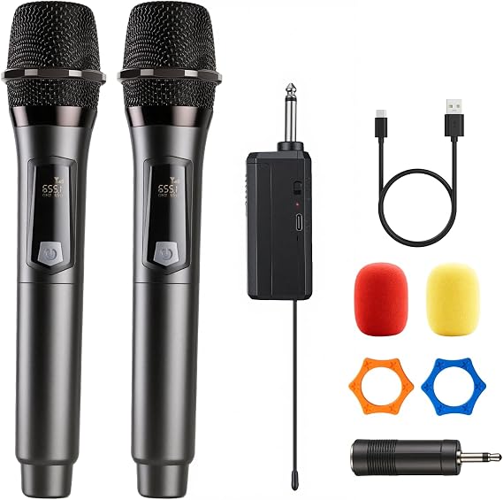 Wireless Microphone, Rechargeable Fixed Frequency Handheld Wireless Mic, Dual Cordless Dynamic Mic with Rechargeable Receiver-160ft Range, Karaoke Microphone for Party Singing Church Speech DJ Wedding