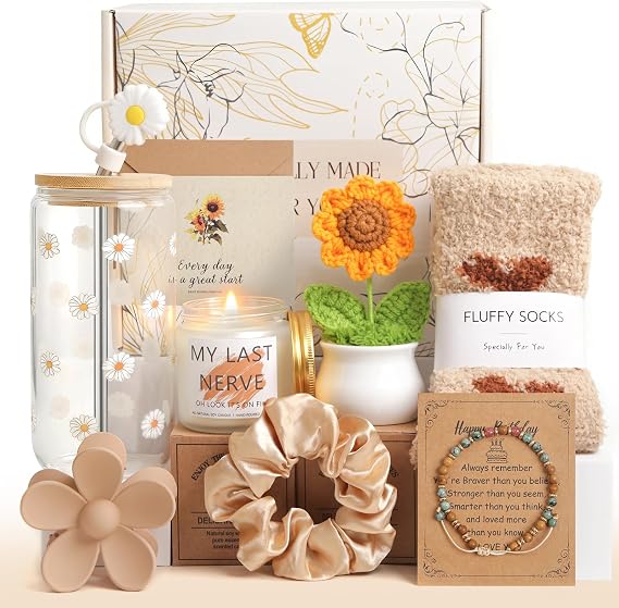 Birthday Gifts for Women, Teen Girls, Her, Unique Happy Birthday Gift Baskets for Best Friend Sister Daughter, Women Mother Gifts Box for Girls Wife Girlfriends, 10pcs Cute Daisy Gift Set(Brown)