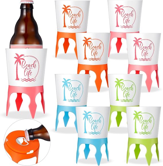 Teenyyou 8 Pcs Beach Cup Holders for Sand with Bottle Opener, Multicolor Spiked Sand Drink Holder Beverage Holder for Camping Picnic, Stackable Beach Accessories for Adults Family (Classic Color)